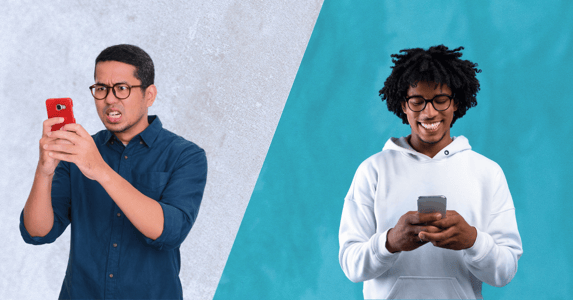 An angry man stares at his phone on a gray background, while a happy man uses his phone on a blue background.